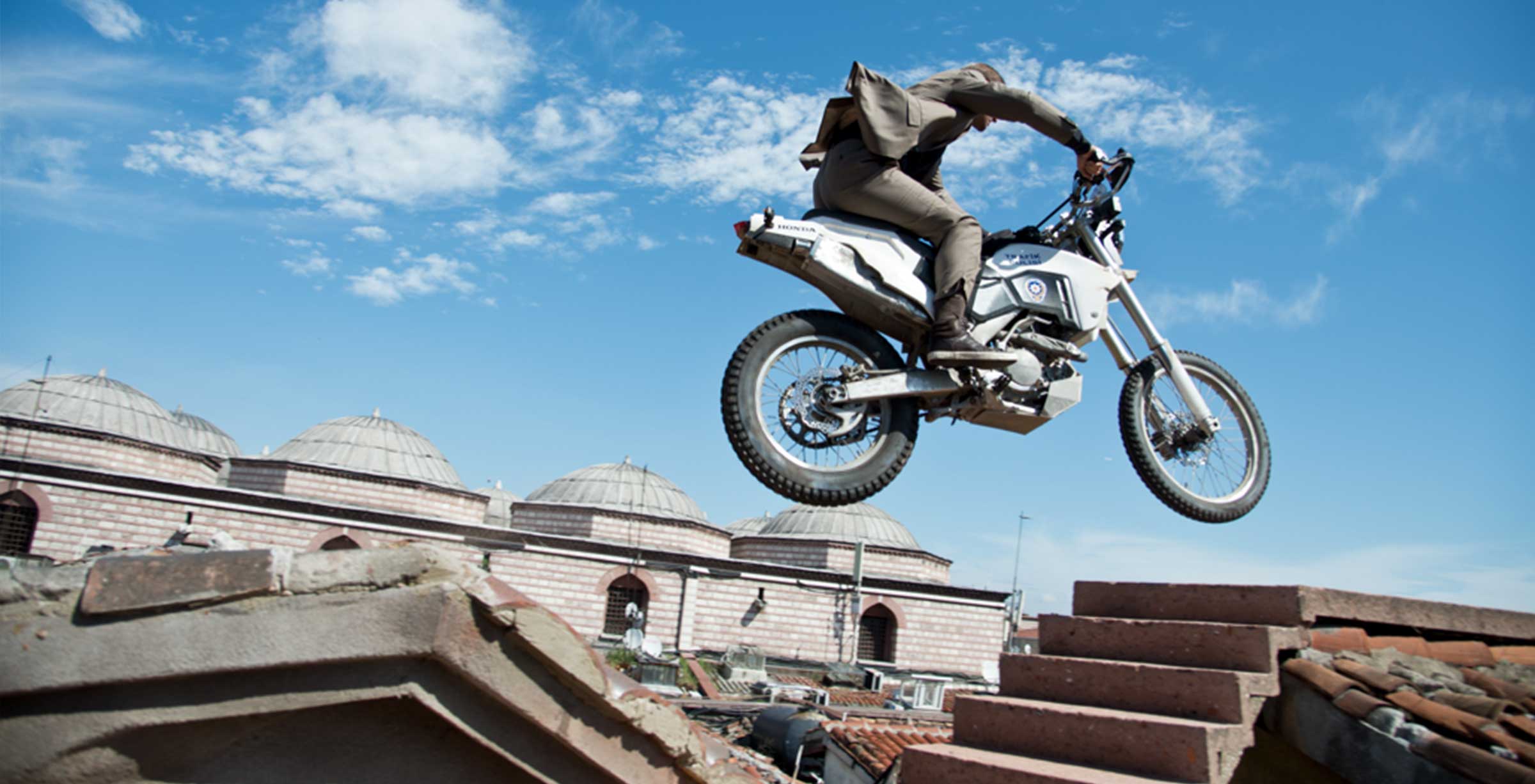 jumping motorcycle scene from James Bond Skyfall